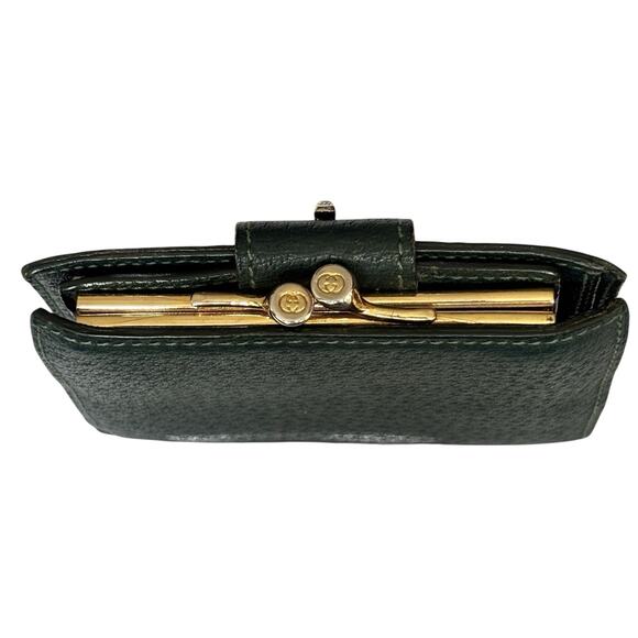 GUCCI Bifold Compact Wallet‎ Leather Dark Green Kiss Lock Horsebit - Picture 4 of 16